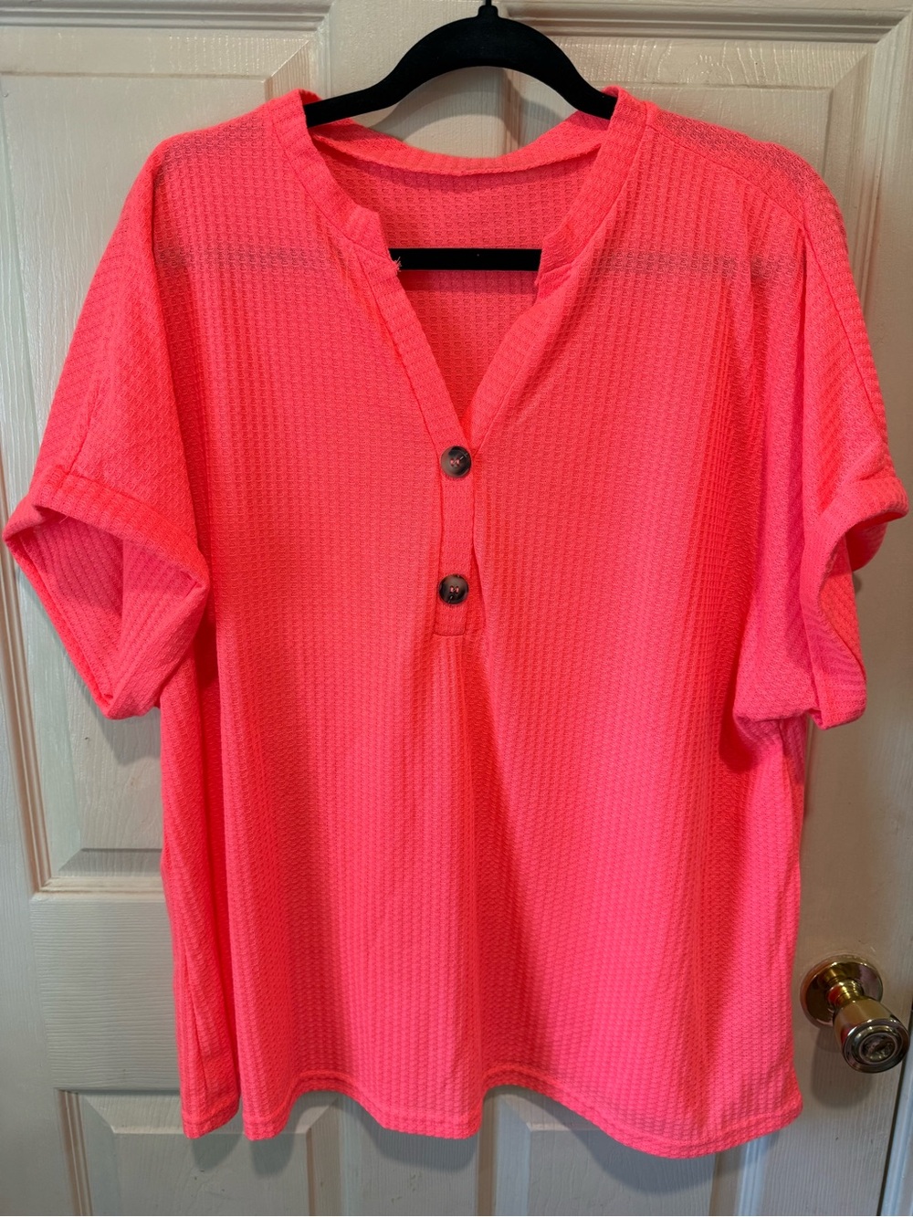 SHEIN Neon Pink Short Sleeve Henley Blouse
